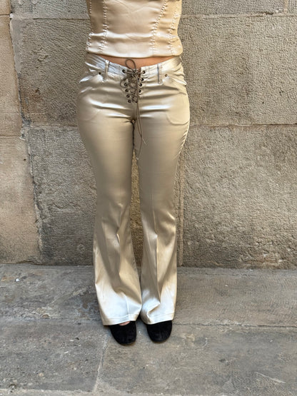 Y2K Champagne Lace-Up Satin Flared Pants
