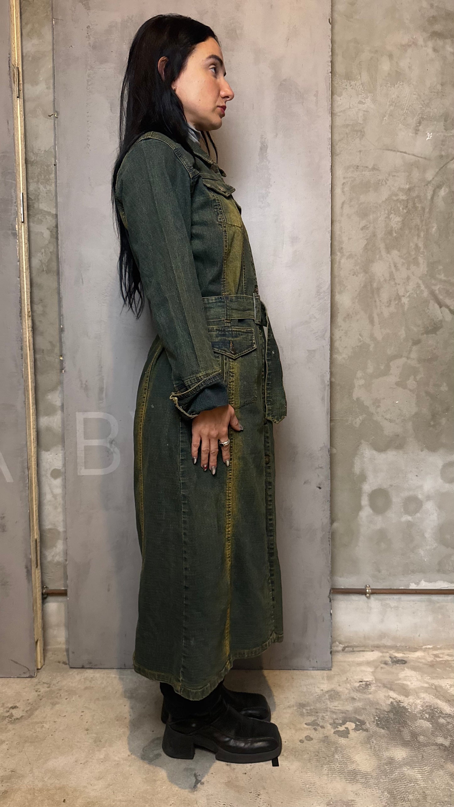Vintage Wash Denim Trench Coat Belted Green Effect