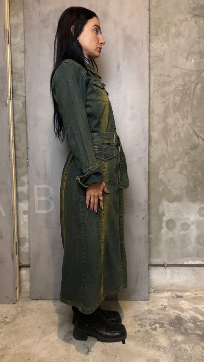 Vintage Wash Denim Trench Coat Belted Green Effect