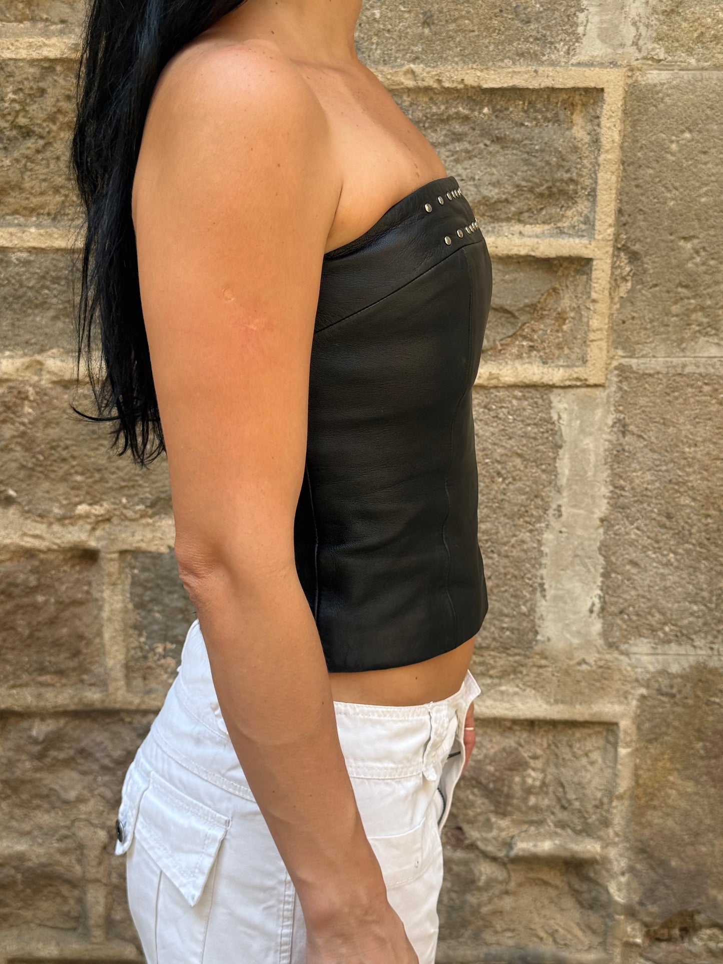 Vintage Black Leather Studded Tube Top