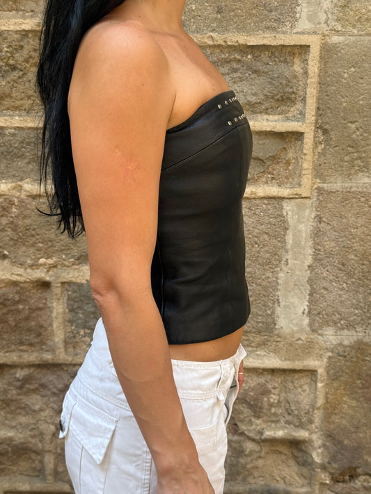 Vintage Black Leather Studded Tube Top