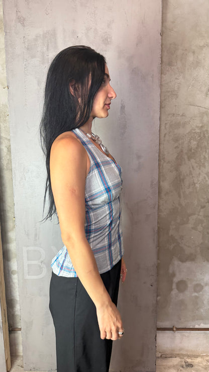 Reworked Shirt Halter Top – Open Back Tie