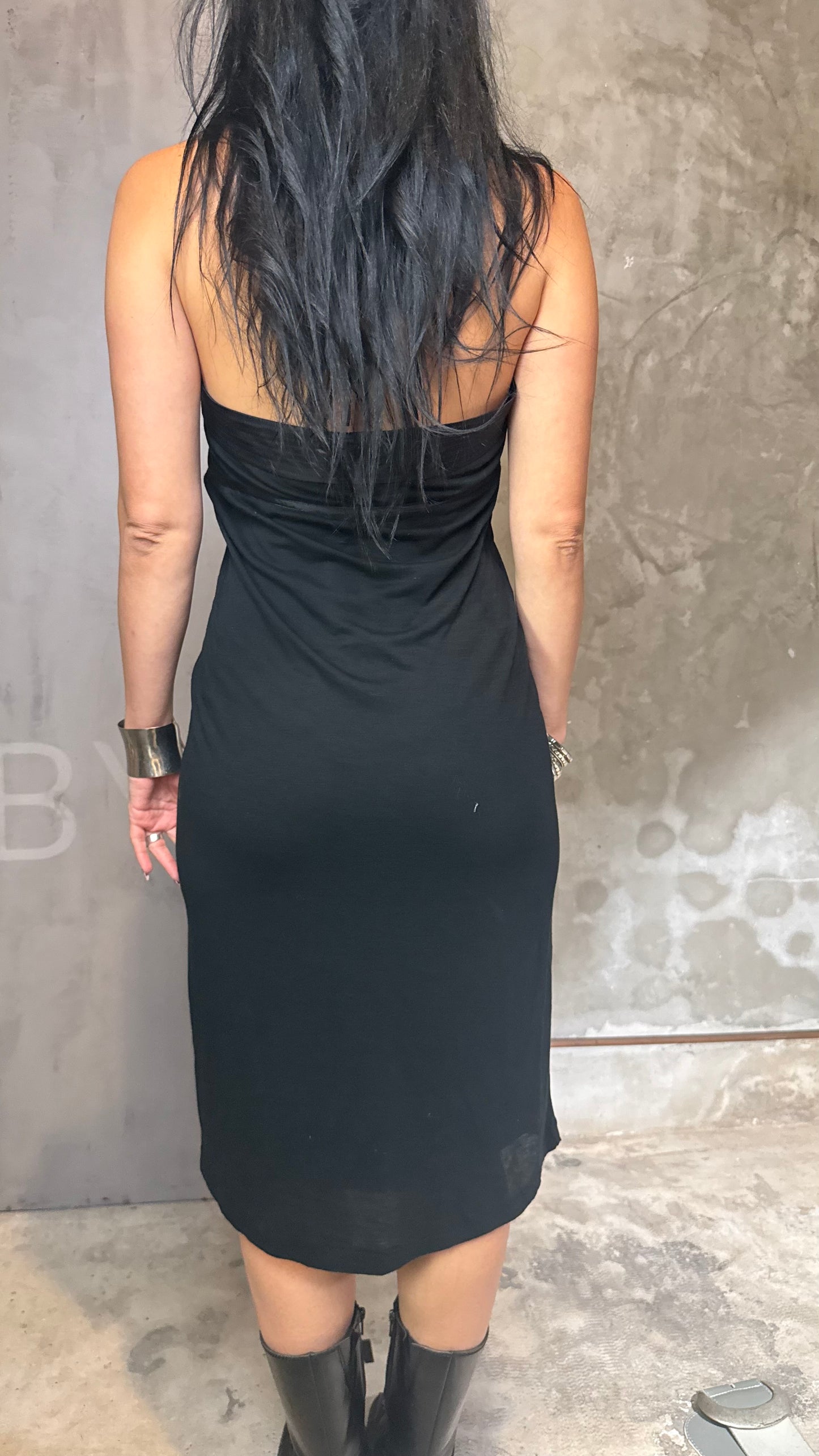 Black Halter Midi Dress Satin Detail Minimal Chic