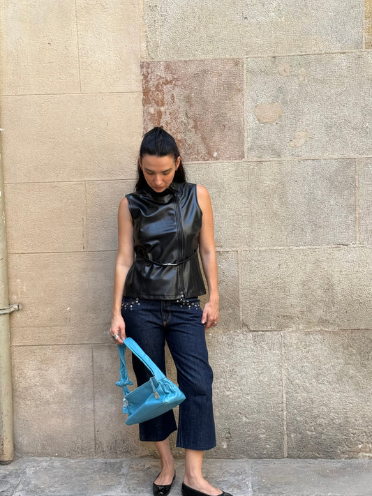 Faux Leather Zip-Up Top with Belt