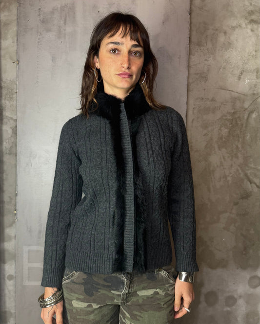 Black Knit Zip Sweater Faux Fur Detail Vintage