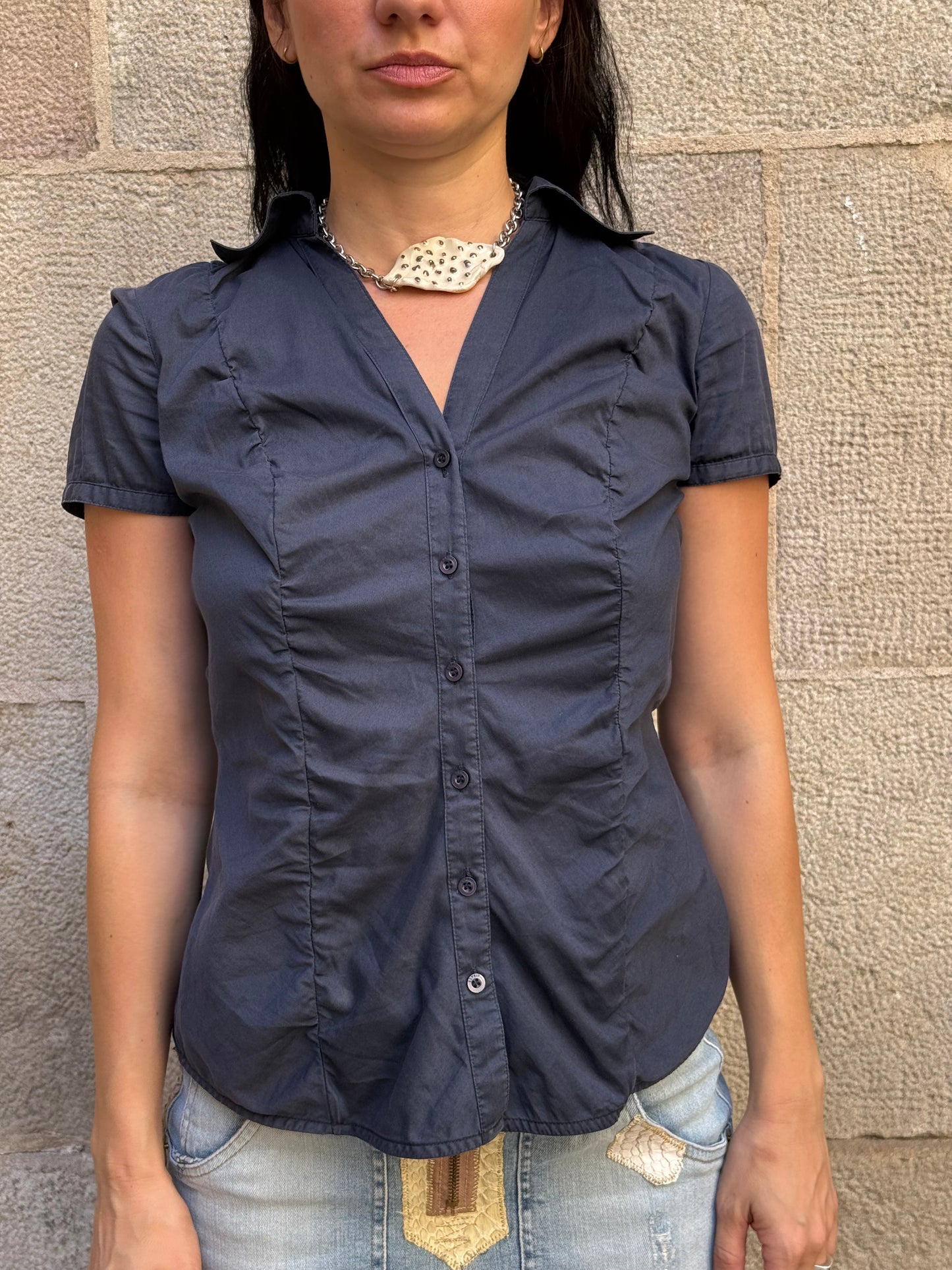 Ruched Button-Up Blouse – Black | Size S