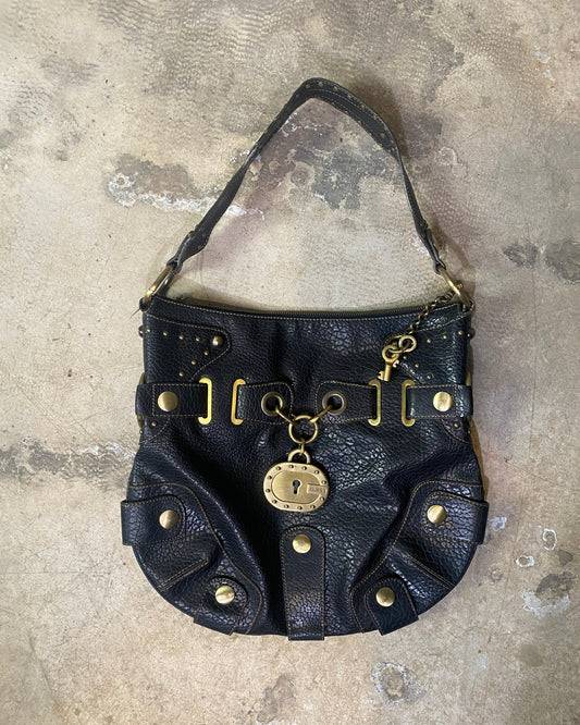 Vintage Guess Black Leather Studded Maxi Bag with Lock Charm