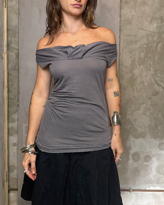 Pimkie Y2K Striped Draped Top Black Grey Off Shoulder