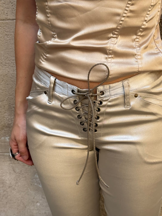 Y2K Champagne Lace-Up Satin Flared Pants