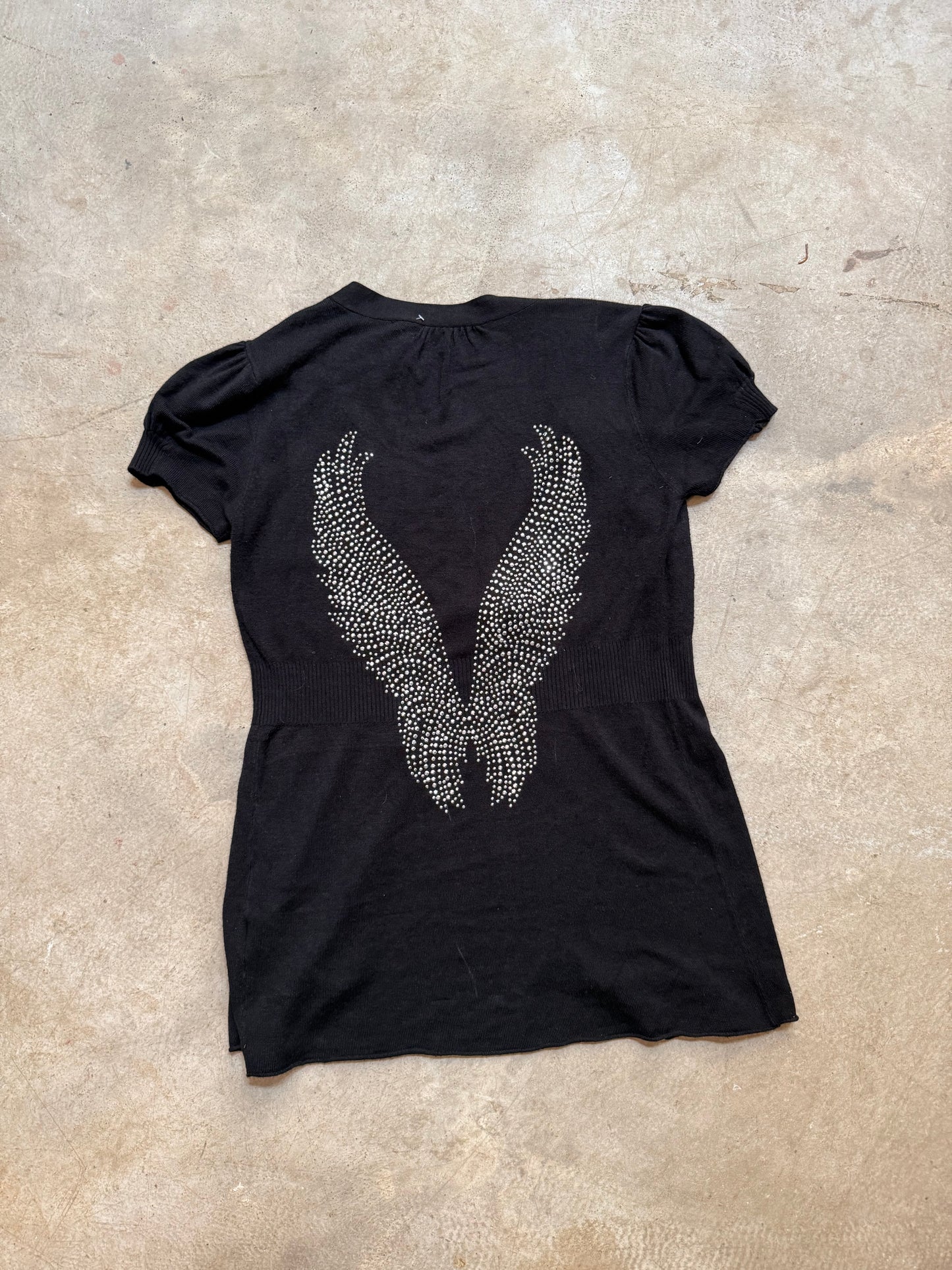 Black Angel Wings Rhinestone Knit Top