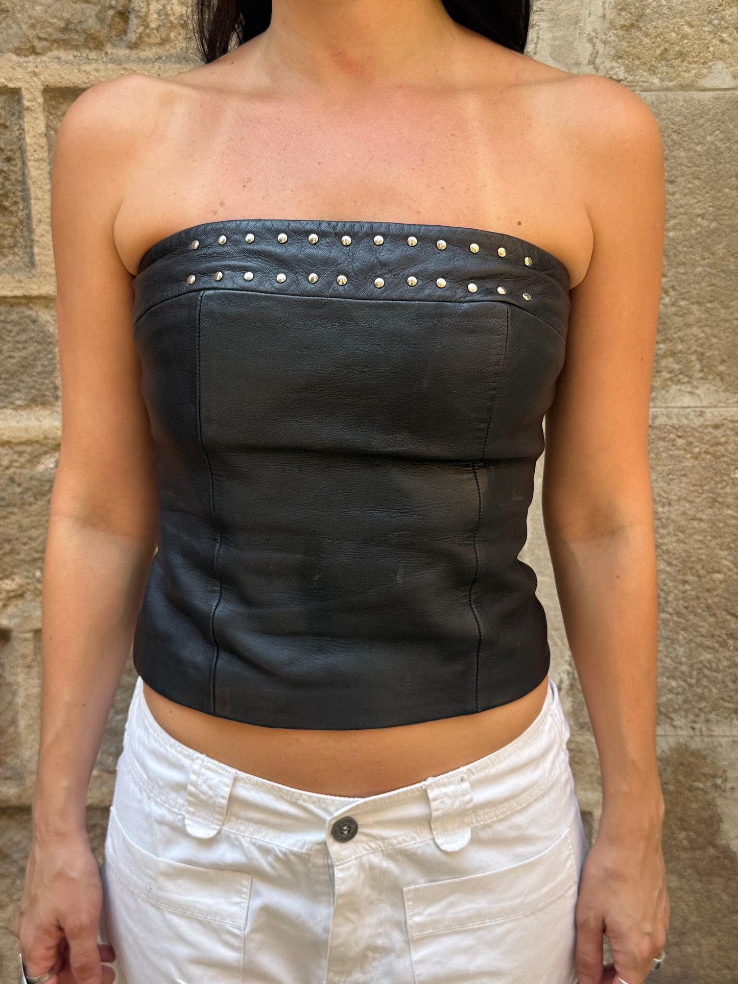 Vintage Black Leather Studded Tube Top