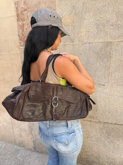Vintage Brown Leather Baguette Shoulder Bag