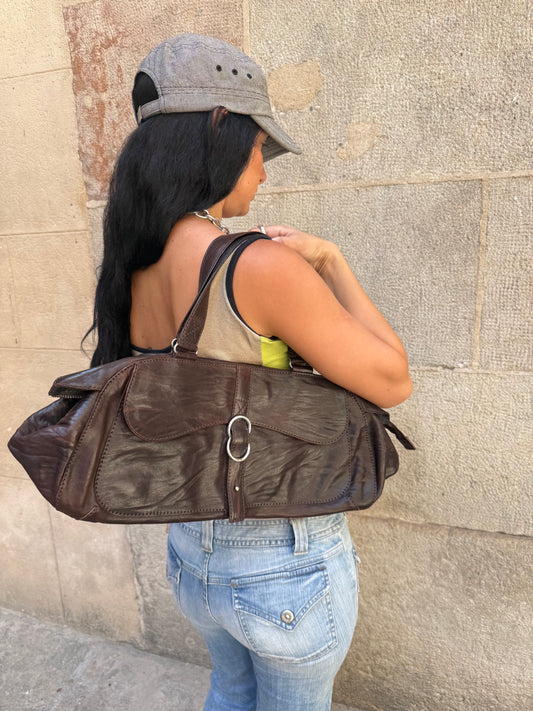 Vintage Brown Leather Baguette Shoulder Bag