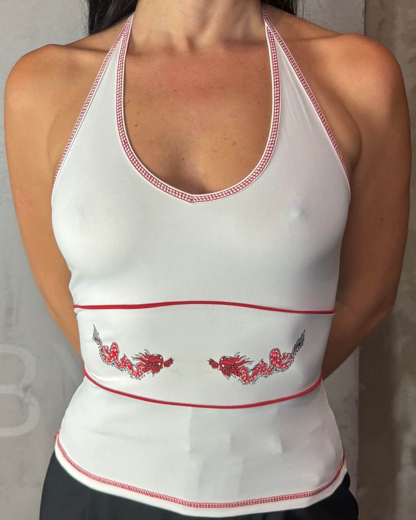 Y2K Halter Tank Top White & Red Embroidery Stretch