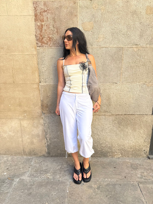 White Floral Ruched Cami Top