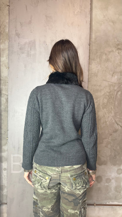 Black Knit Zip Sweater Faux Fur Detail Vintage