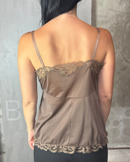Brown Satin Slip Top Lace Trim Cami