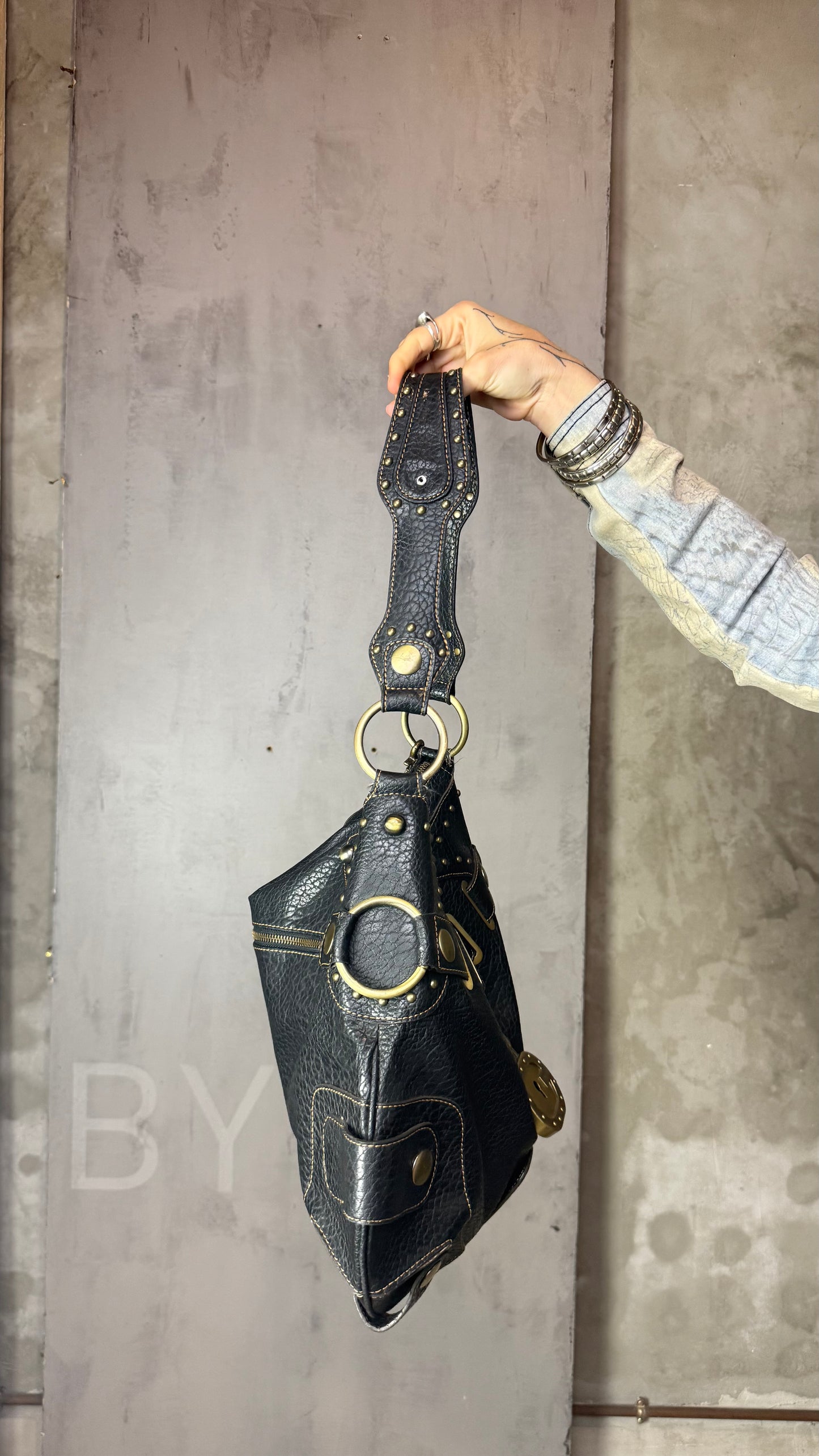 Vintage Guess Black Leather Studded Maxi Bag with Lock Charm