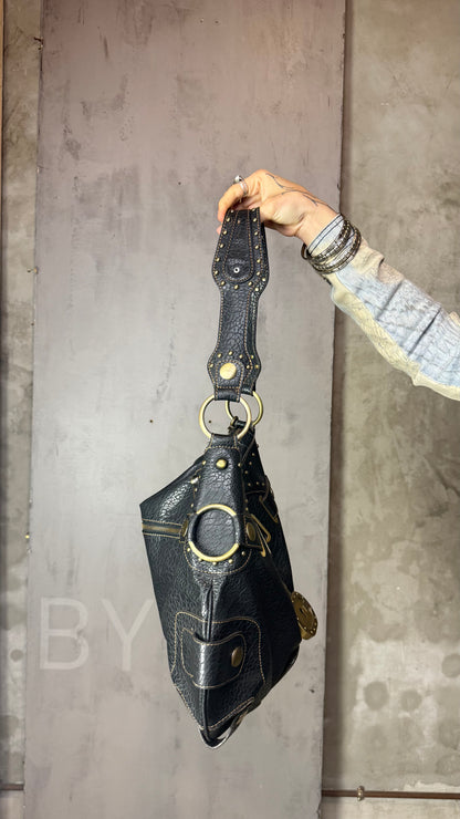 Vintage Guess Black Leather Studded Maxi Bag with Lock Charm
