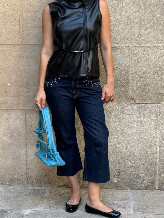 Faux Leather Zip-Up Top with Belt
