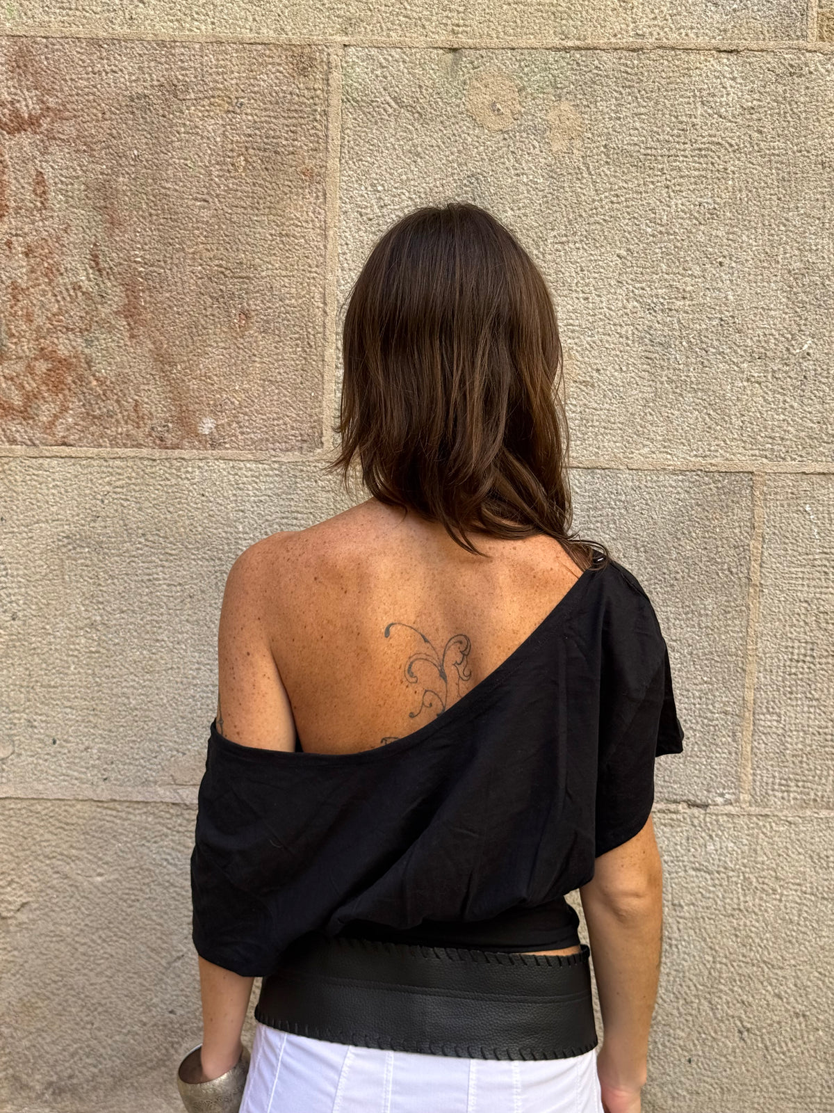 Vintage Rework Black Draped Off-Shoulder Top