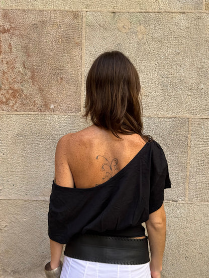 Vintage Rework Black Draped Off-Shoulder Top