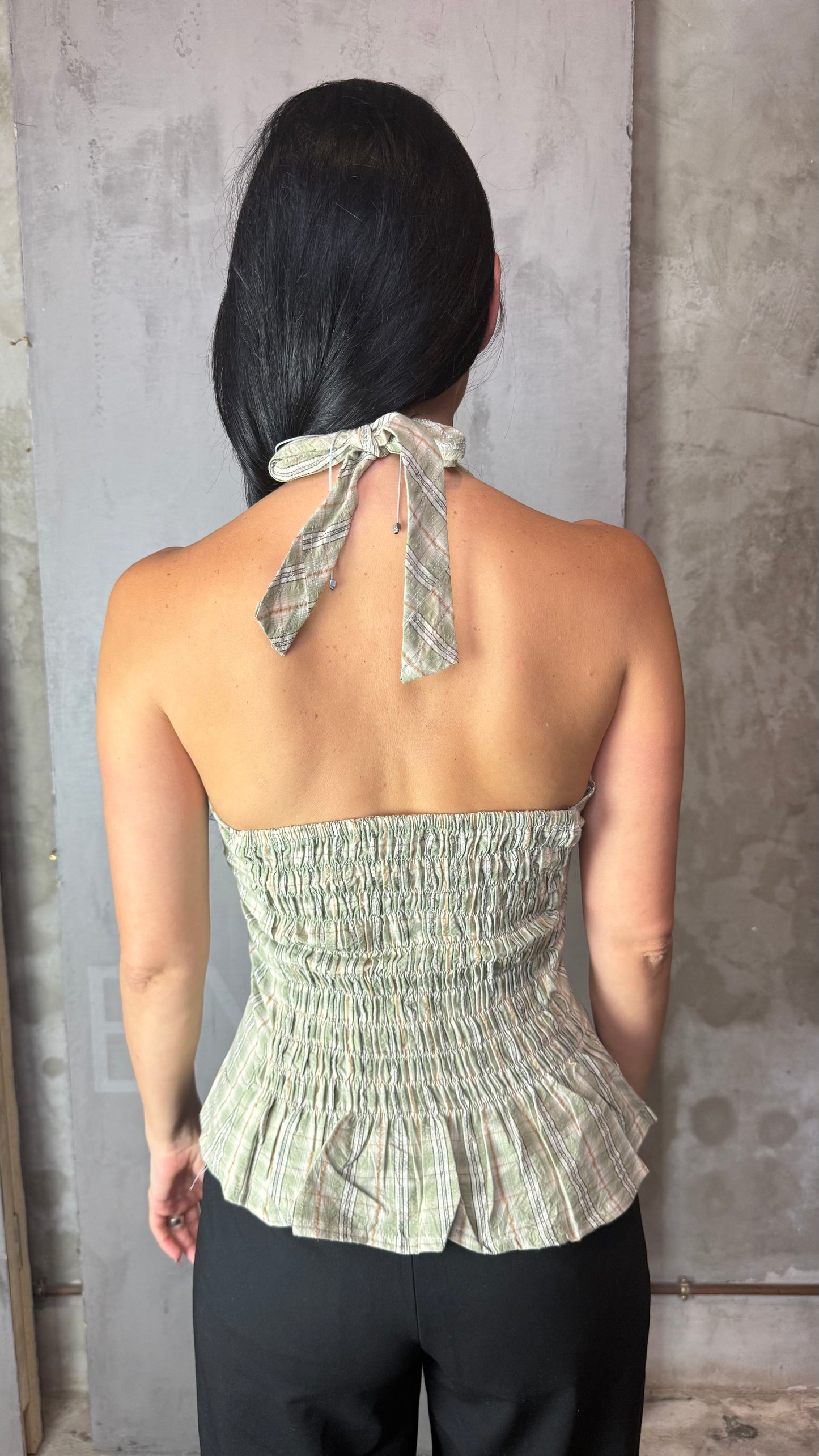 Reworked Shirt Halter Top – Open Back Tie