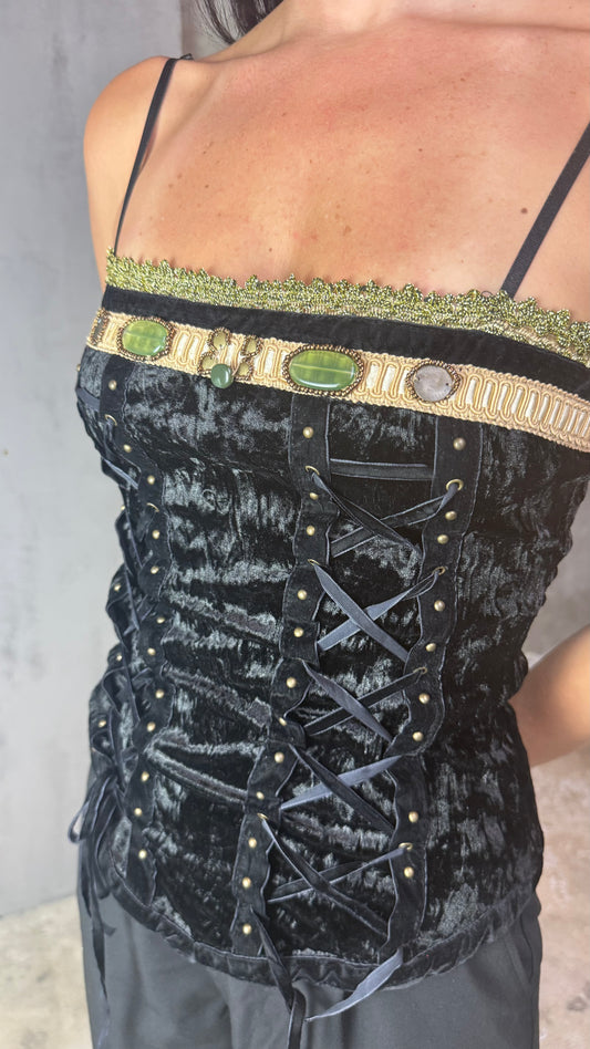 Velvet Corset Top Lace-Up Black with Embellished Trim