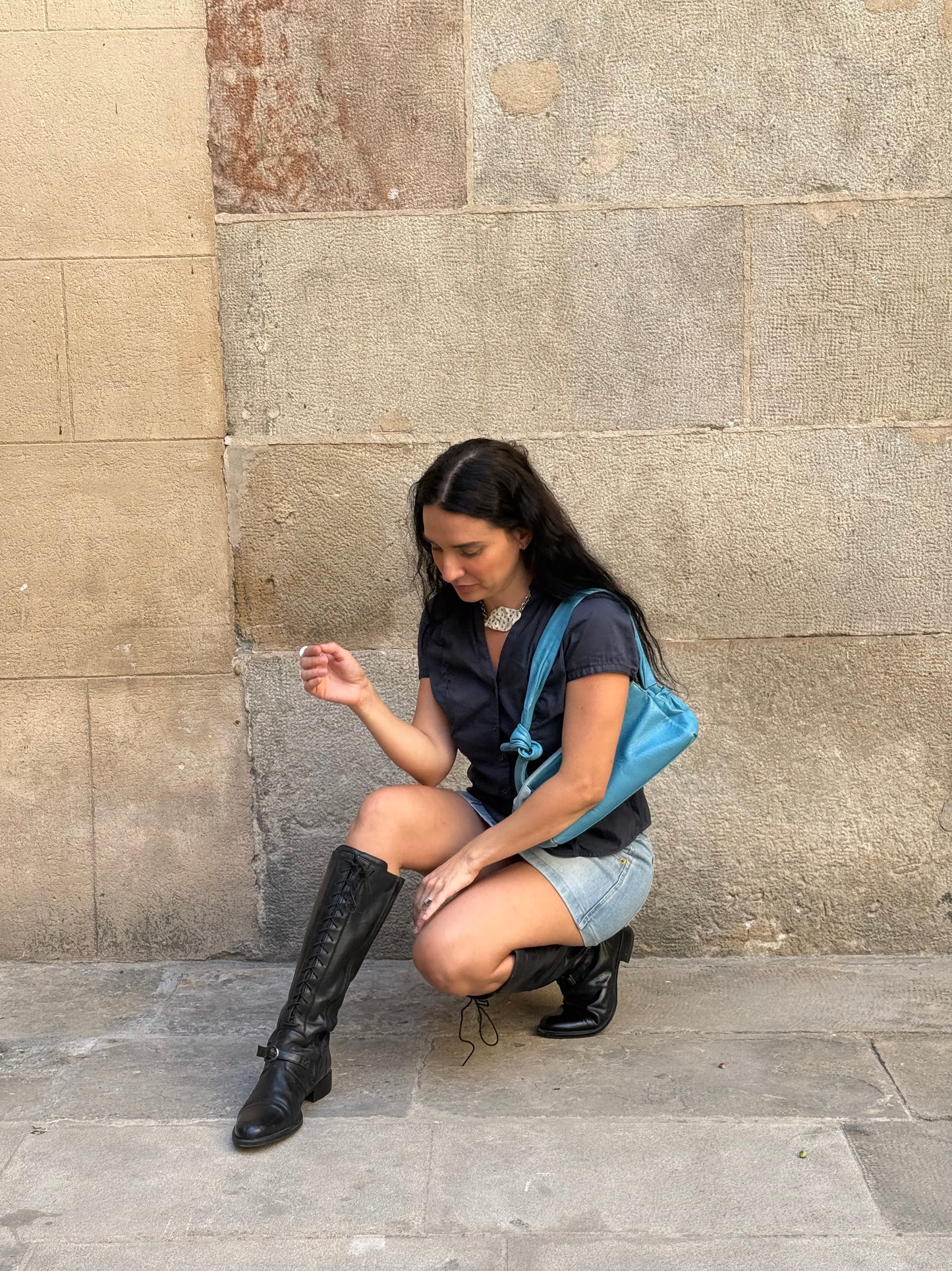 Sky Blue Leather Shoulder Bag