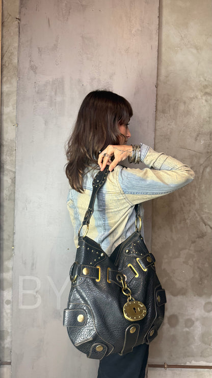 Vintage Guess Black Leather Studded Maxi Bag with Lock Charm