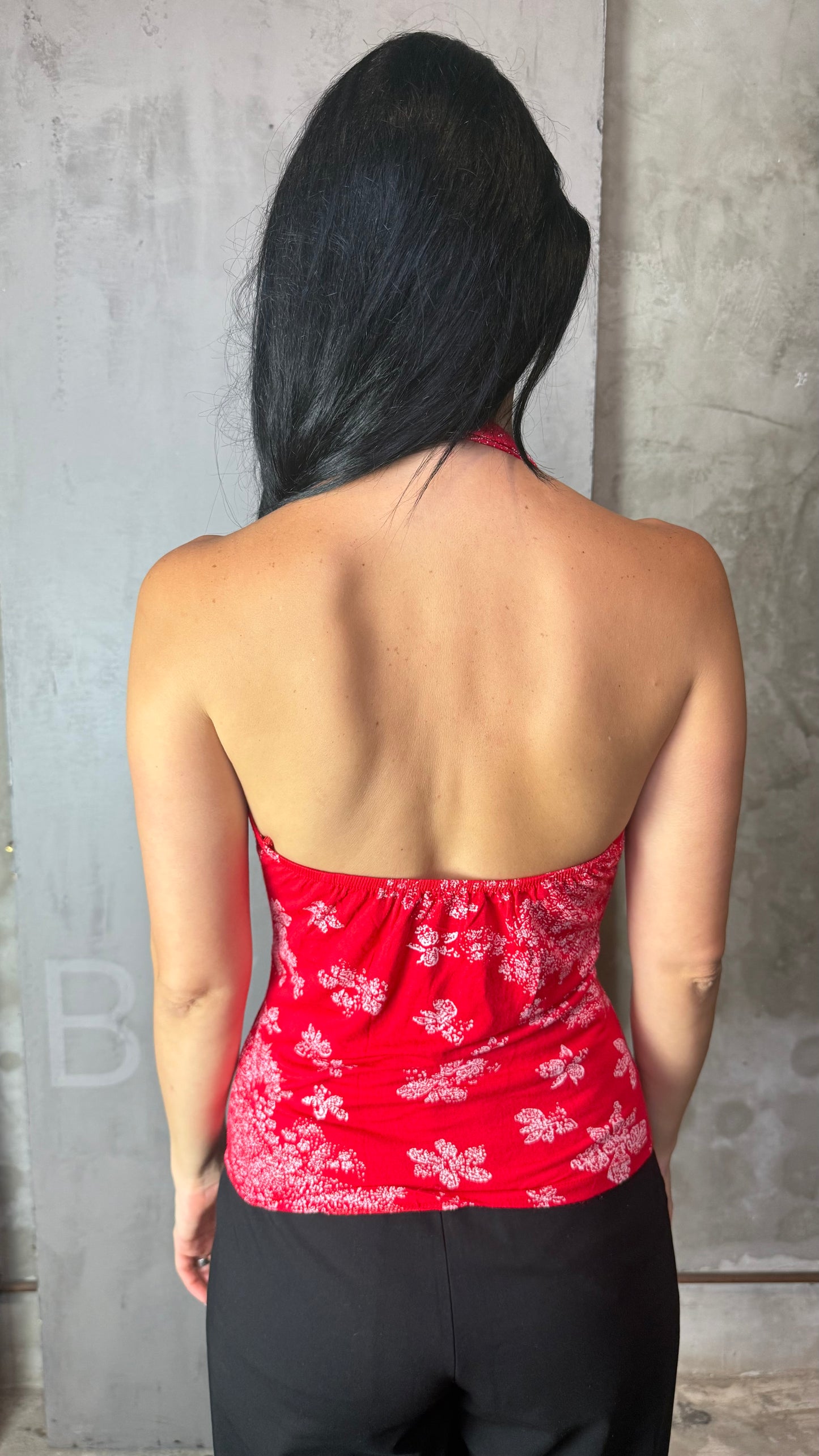 Halter Top Red Floral Bandana Print Button Detail