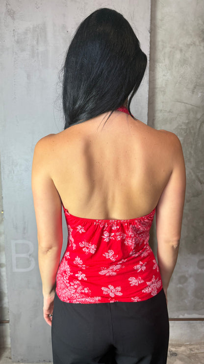 Halter Top Red Floral Bandana Print Button Detail