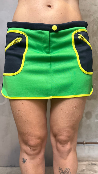 Fishbone Y2K Color Block Mini Skirt Green Black Yellow