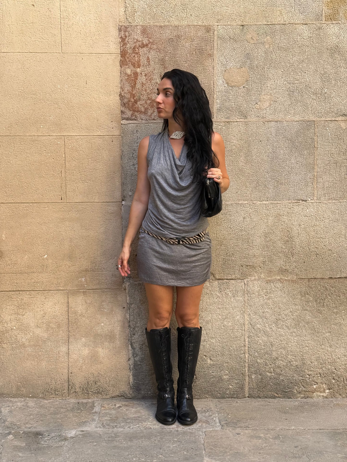 Draped Halter Mini Dress – Grey