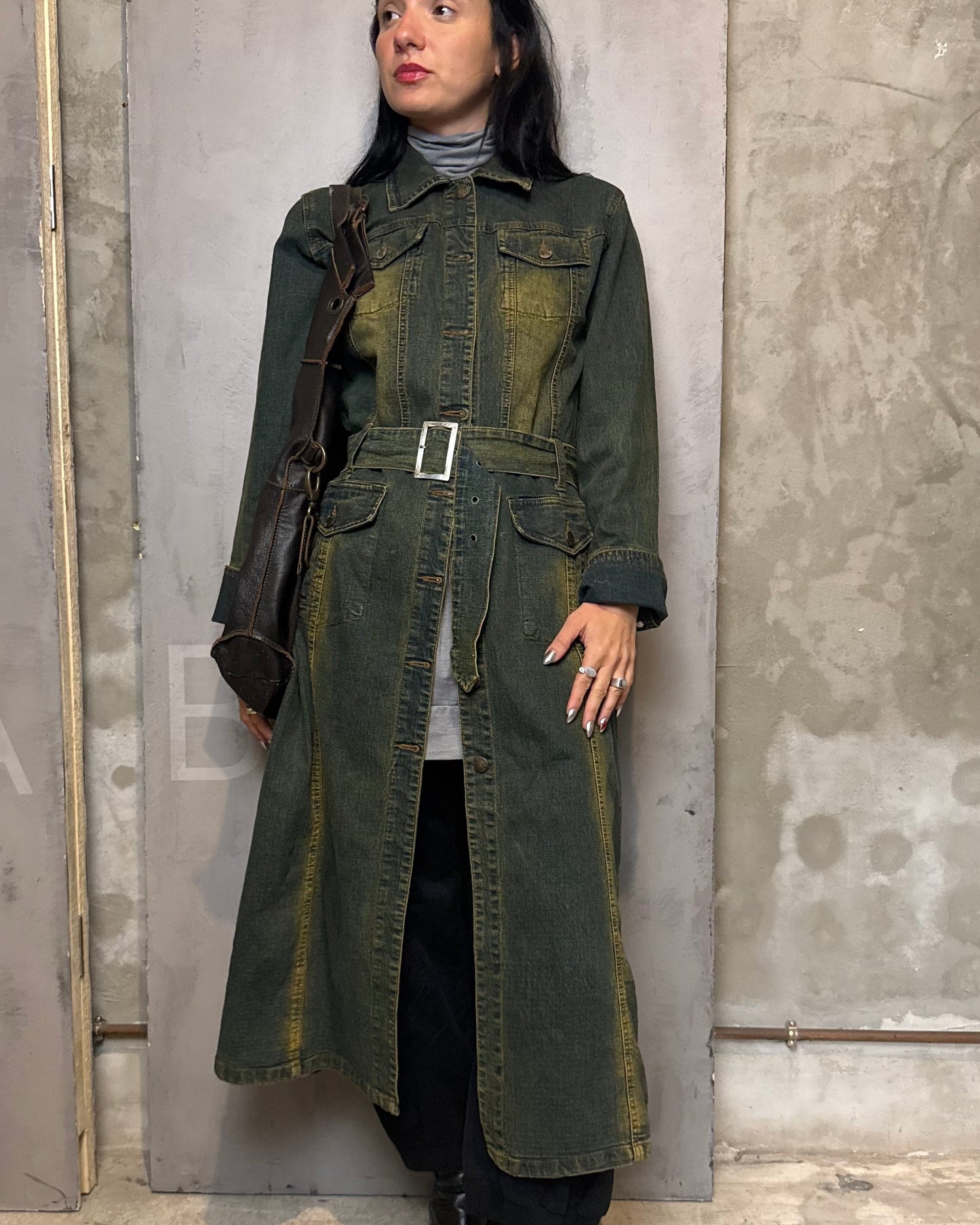 Vintage Wash Denim Trench Coat Belted Green Effect