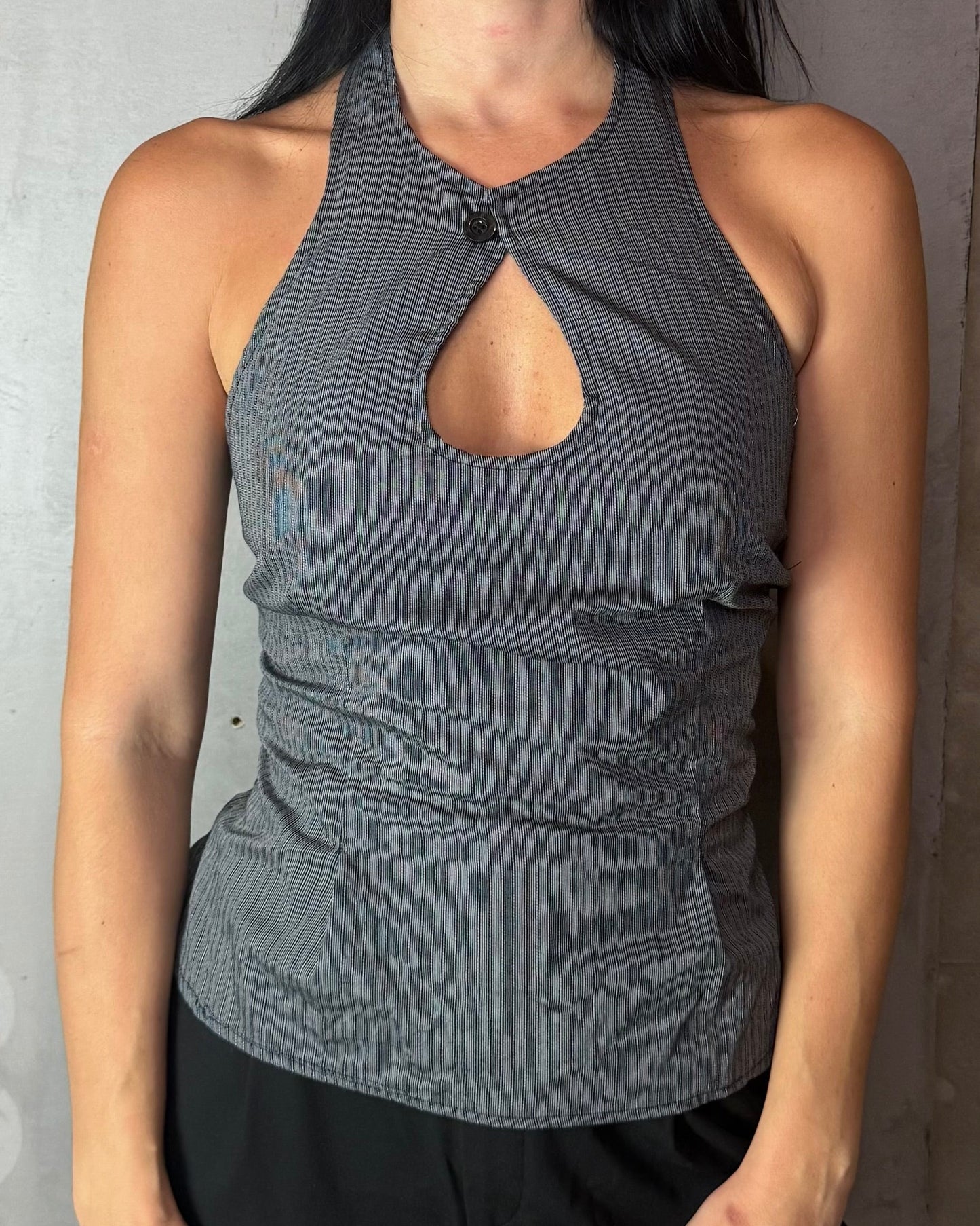 Reworked Shirt Halter Top – Structured Button Front
