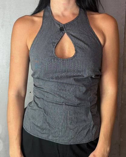 Reworked Shirt Halter Top – Structured Button Front
