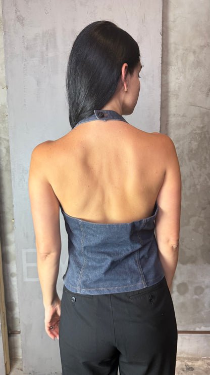 Denim Halter Top Structured Fit Side Zip