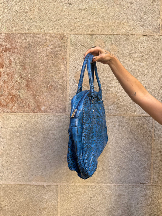 Blue Croc-Embossed Tote Bag