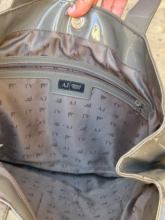 Armani Jeans Y2K Grey Patent Leather Tote Bag
