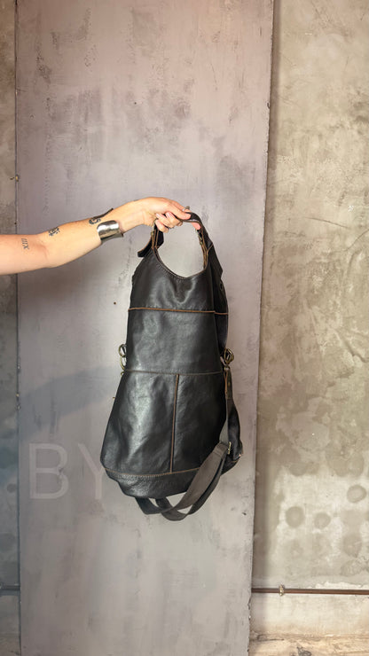 Vintage Black Leather Convertible Maxi Bag