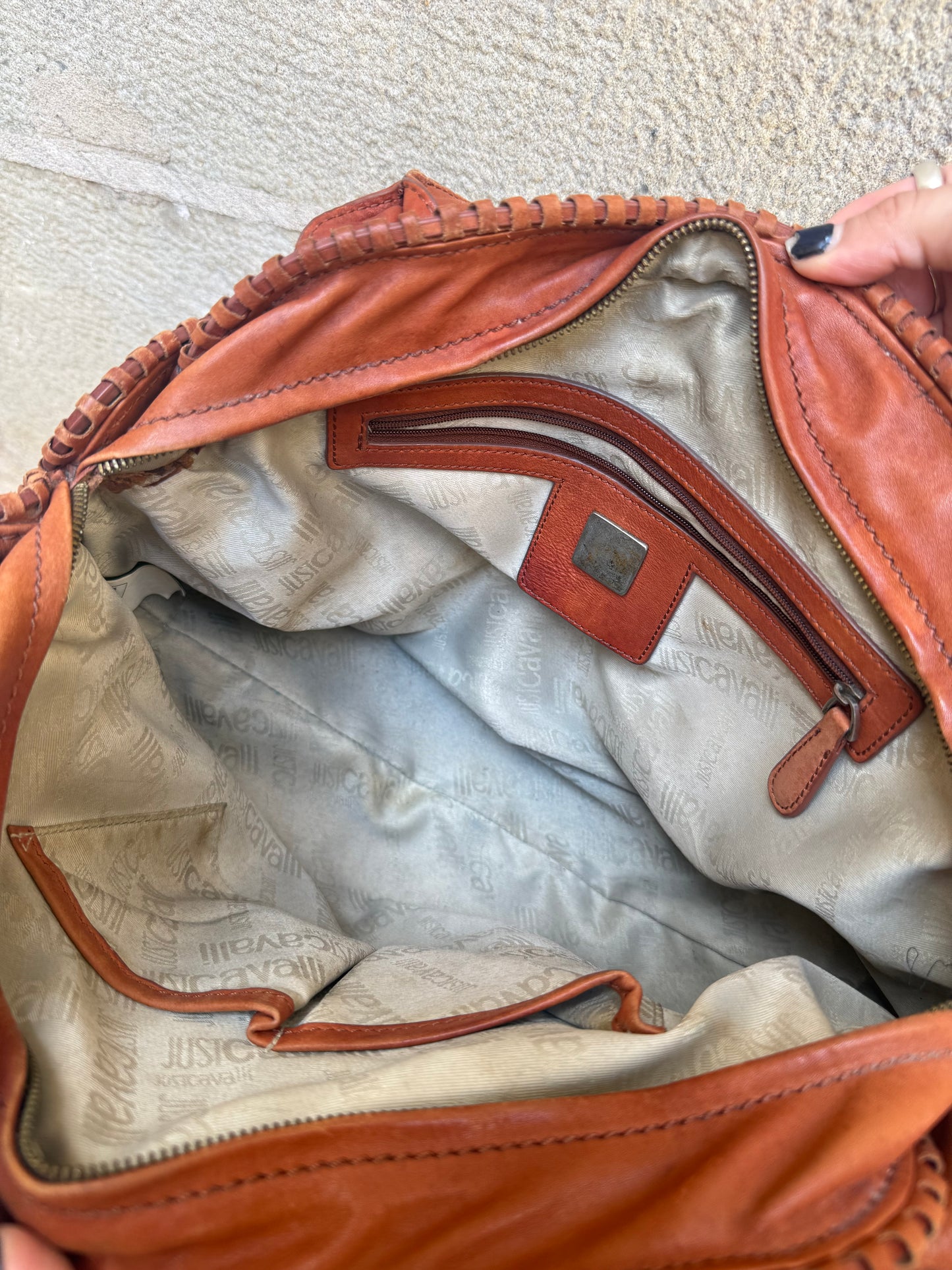 Just Cavalli Vintage Multi-Pocket Leather Shoulder Bag