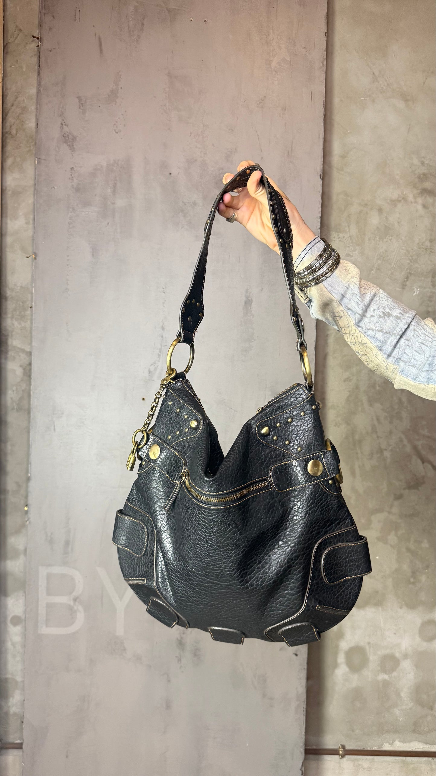 Vintage Guess Black Leather Studded Maxi Bag with Lock Charm