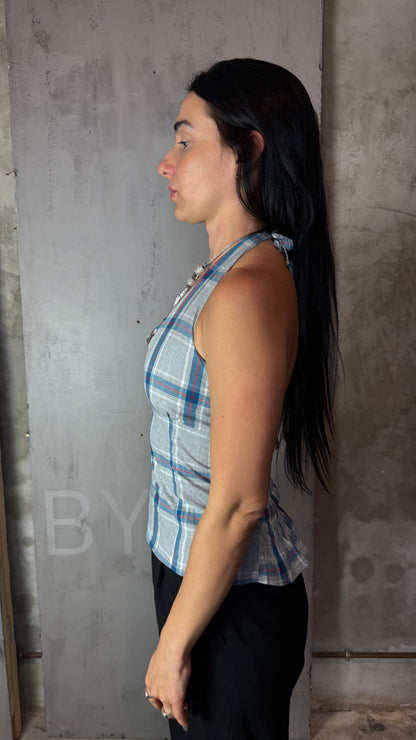 Reworked Shirt Halter Top – Open Back Tie
