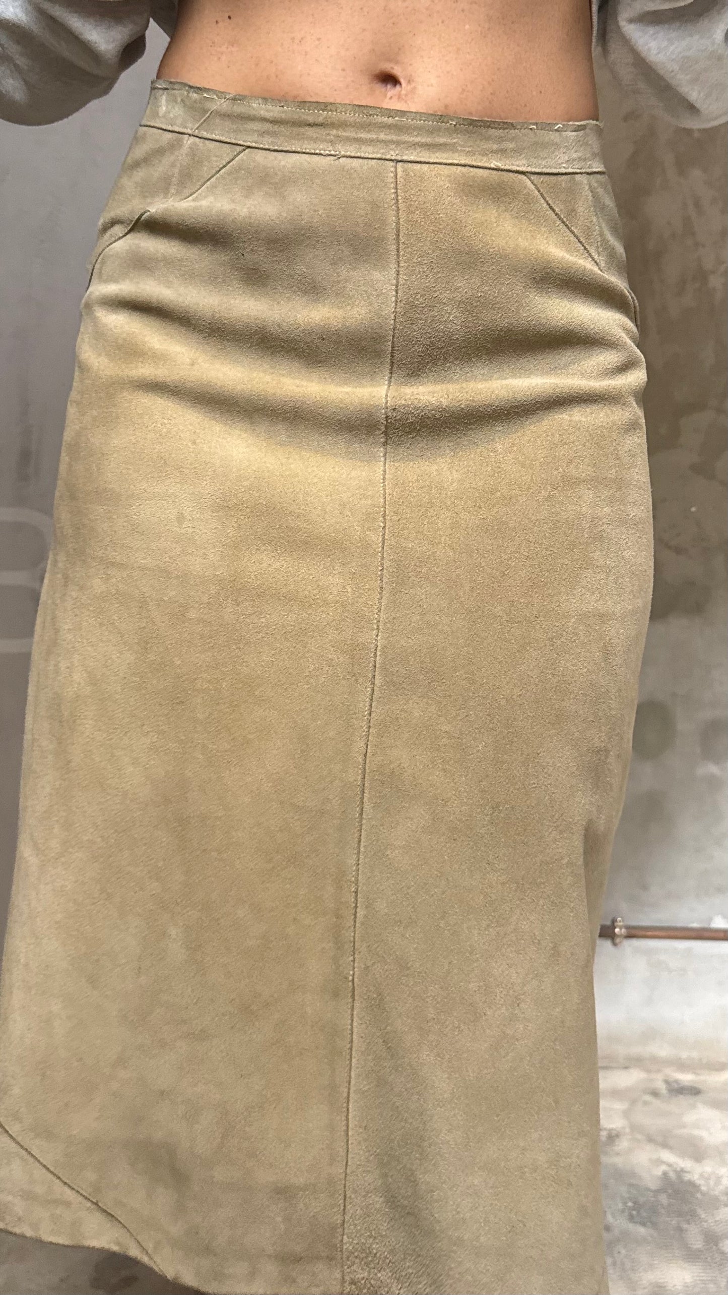 Caramel Faux Leather Midi Skirt Minimal Vintage 90s A-Line