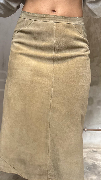 Caramel Faux Leather Midi Skirt Minimal Vintage 90s A-Line