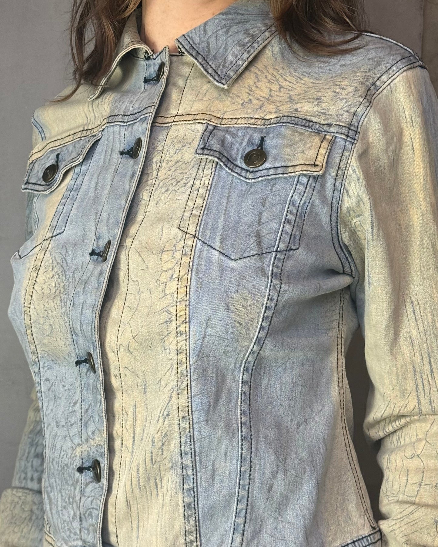 Roberto Cavalli Denim Jacket Snake Print Fitted Vintage Made in Italy