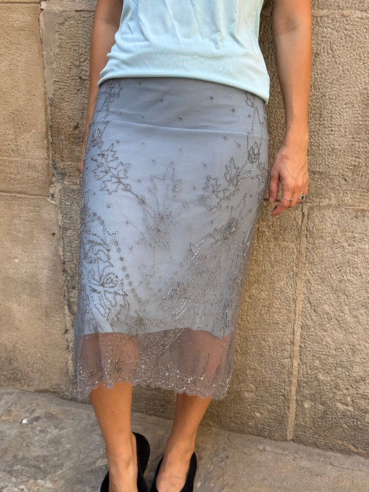 Blue Beaded Mesh Midi Skirt