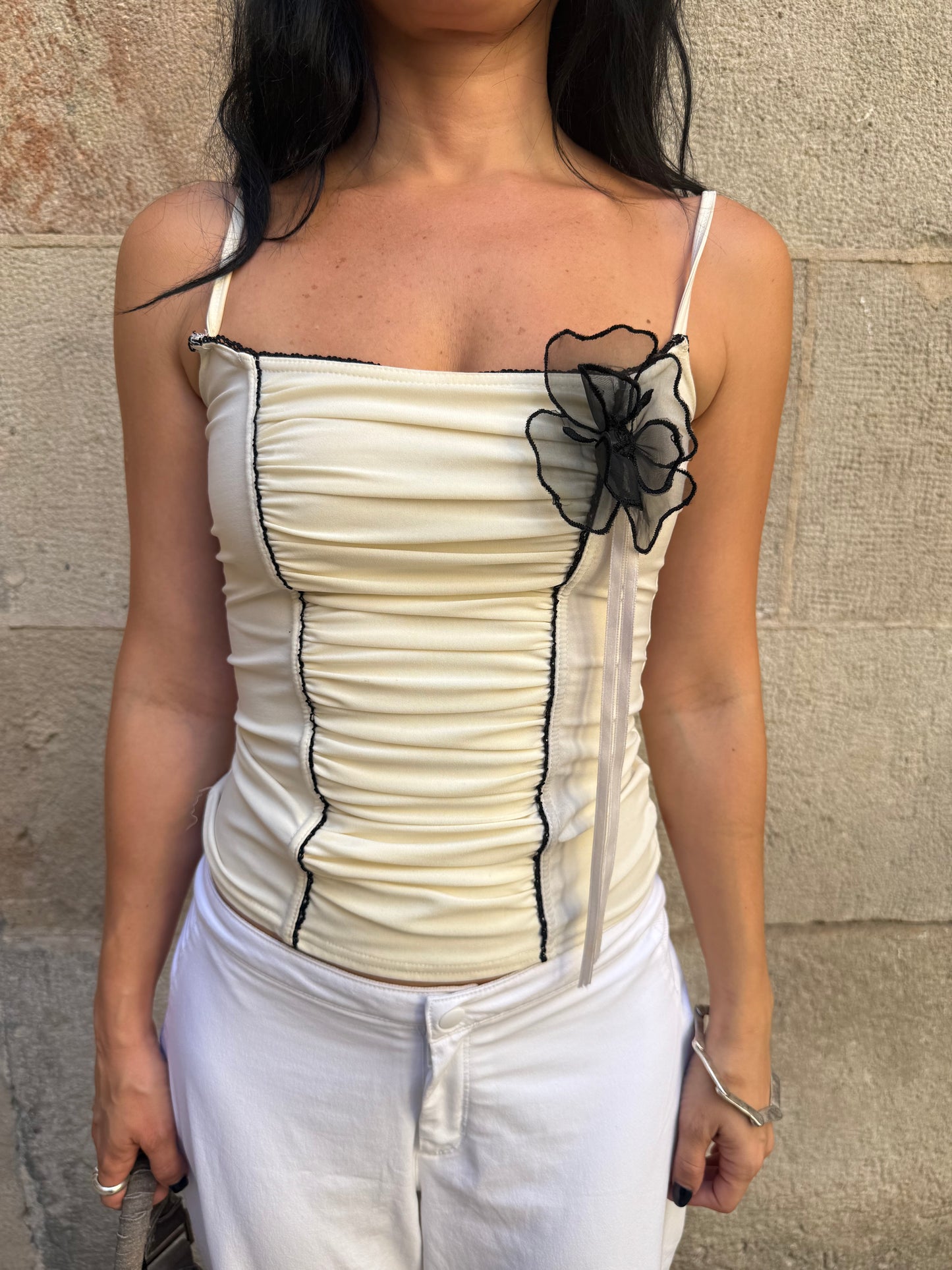 White Floral Ruched Cami Top