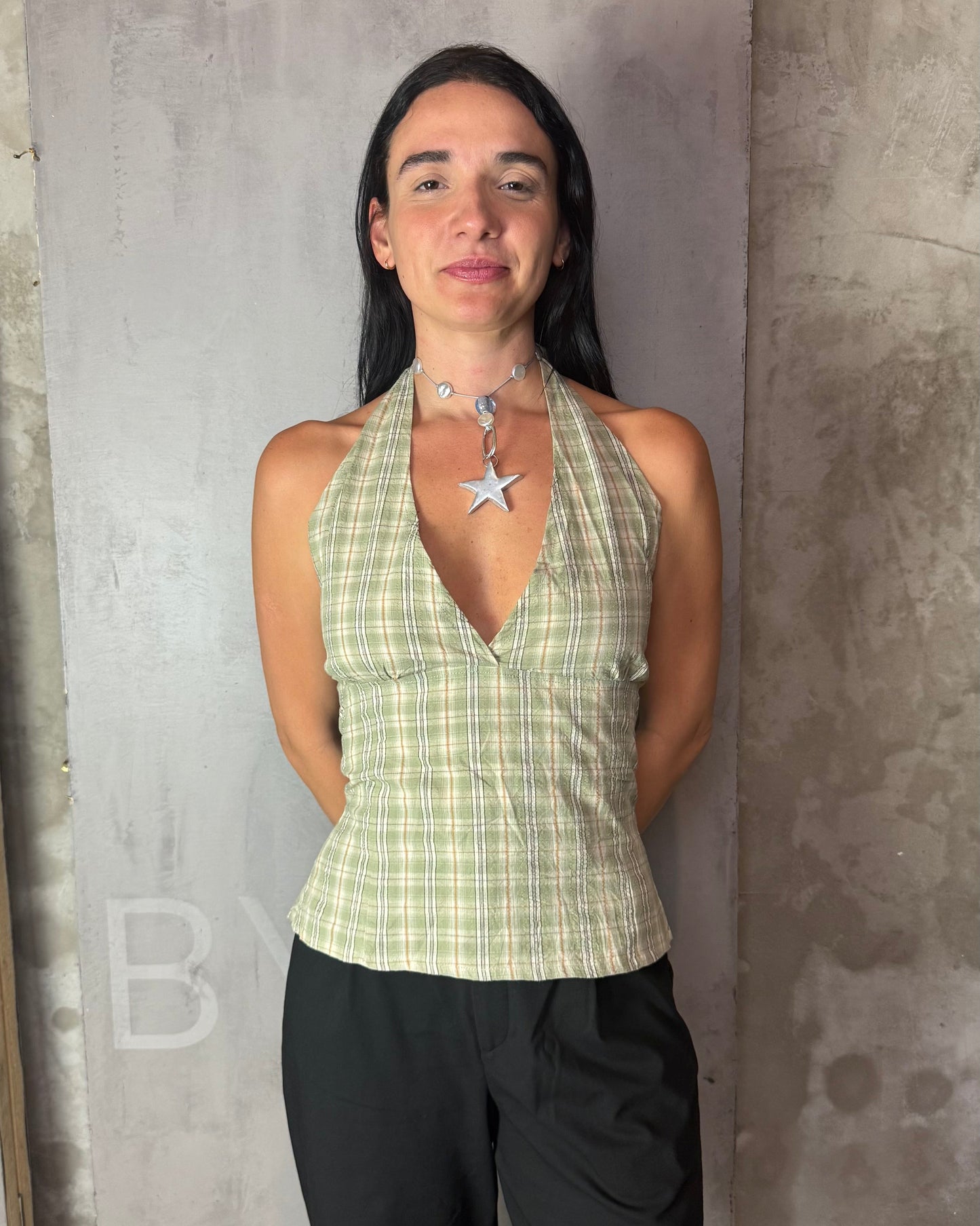Reworked Shirt Halter Top – Open Back Tie